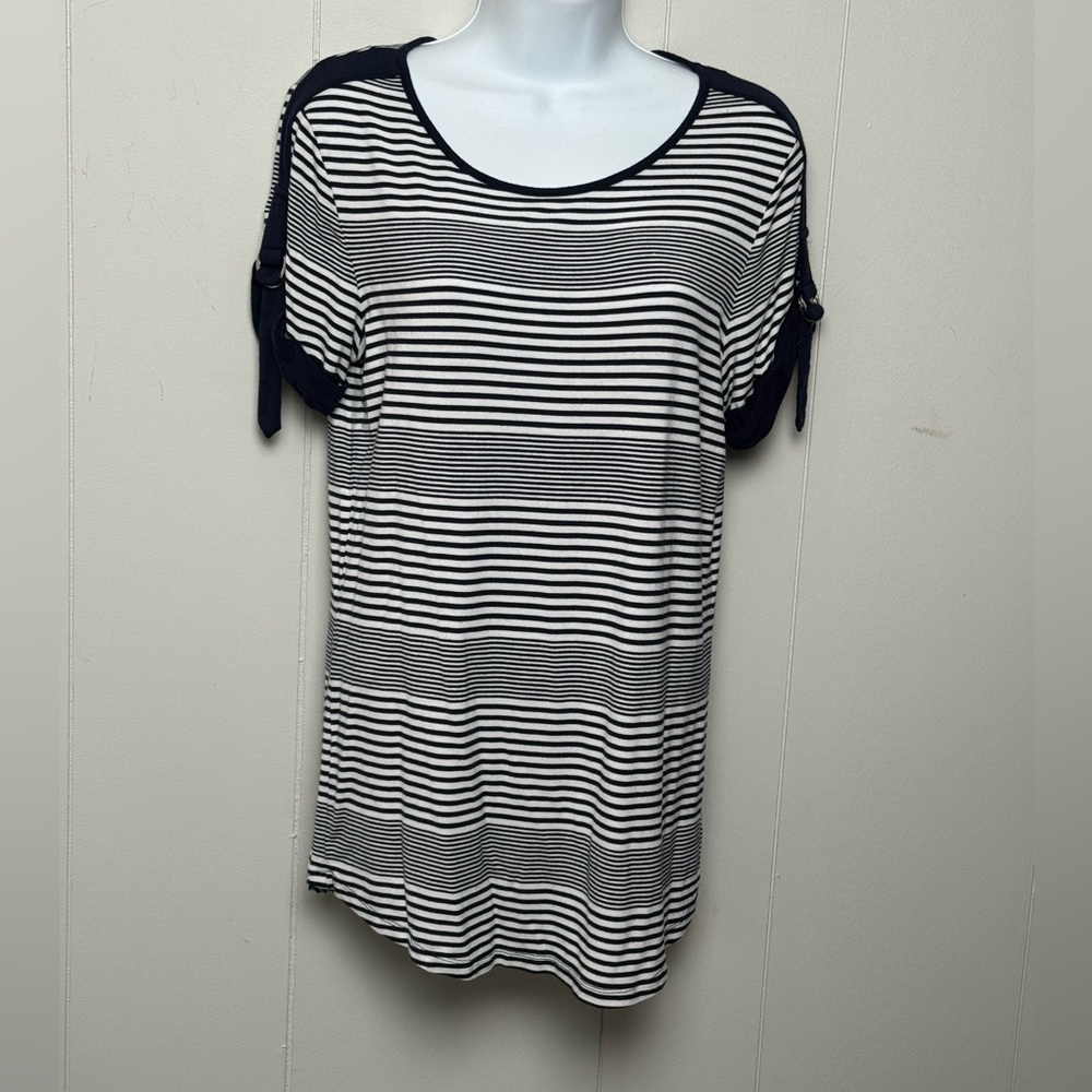 Michael Kors Women’s Navy & White Striped Short Sleeve Top Buckle Detail Sz M